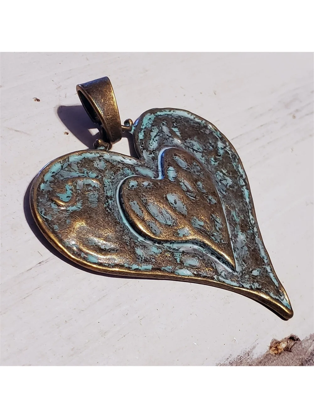 Hammered Antique Bronze Verdigris Green Patina Large Carved Heart Pendant